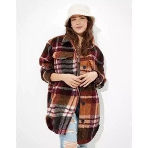 American Eagle Sherpa Plaid Shirt Jacket, Burgundy, Size L